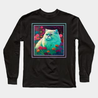 Minty Persian Cat Vibrant Tropical Flower Digital Oil Painting Portrait Long Sleeve T-Shirt